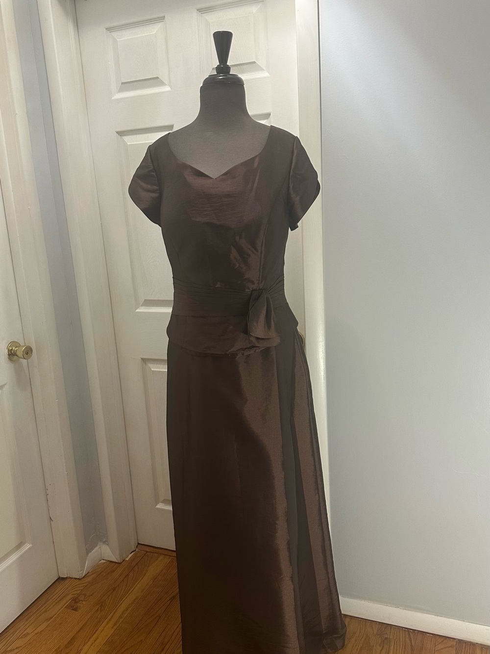 Taffeta Brown Cap-Sleeve Maxi Dress with Side Bow